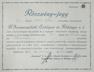 Szamosvidéki Erdőipar és Kőbánya Részvénytársaság részvény-jegy 50000 lei 1929 Szatmárnémeti