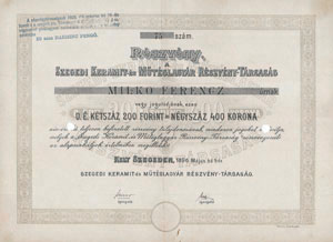 Szegedi Keramit- és Műtéglagyár Részvénytársaság részvény 200 forint 400 korona 1896