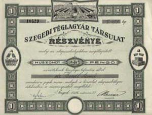 Szegedi Téglagyár Társulat részvény 25 pengő 1926