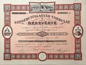 Szegedi Téglagyár Társulat részvény 5x25 125 pengő 1926