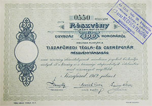 Tiszafüredi Tégla- és Cserépgyár Részvénytársaság részvény 100 korona 1912 Tiszafüred
