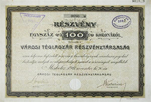 Városi Téglagyár Részvénytársaság Miskolcz részvény 100 korona 1911 Miskolc
