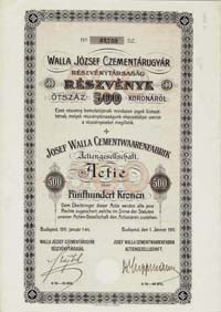 Walla József Czementárugyár Részvénytársaság részvény 500 korona 1911