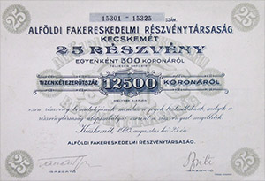 Alfldi Fakereskedelmi Rszvnytrsasg rszvny 25x500 korona 1923 Kecskemt