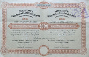 ltalnos Faipari s Fakereskedelmi Rszvnytrsasg Debrecen rszvny 5000 korona 1920