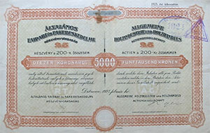 ltalnos Faipari s Fakereskedelmi Rszvnytrsasg Debrecen rszvny 5000 korona 1923
