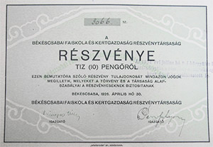 Bkscsabai Faiskola s Kertgazdasg Rszvnytrsasg rszvny 10 peng 1926