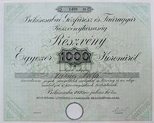 Bkscsabai Gzfrsz s Farugyr Rszvnytrsasg rszvny 1000 korona 1920