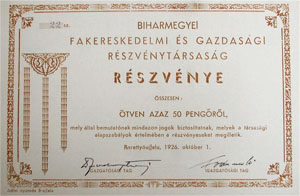 Biharmegyei Fakereskedelmi s Gazdasgi Rszvnytrsasg rszvny 50 peng 1926 Berettyjfalu