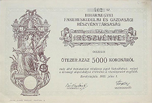 Biharmegyei Fakereskedelmi s Gazdasgi Rszvnytrsasg rszvny 5000 korona 1922