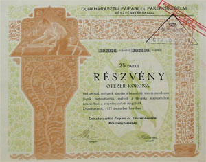 Dunaharaszti Faipari s Fakereskedelmi Rszvnytrsasg rszvny 5000 korona 1923
