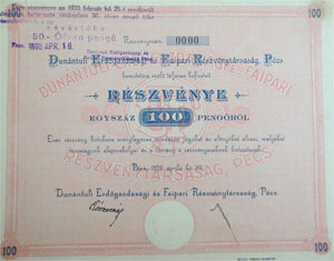 Dunntli Erdgazdasgi s Faipari Rszvnytrsasg rszvny 100 peng 1926 Pcs