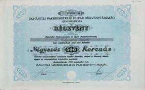 Dunntli Fakereskedelmi s Ipari Rszvnytrsasg rszvny Szkesfehrvr 400 korona 1923