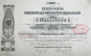 Egervidki Fatermel Rszvnytrsasg rszvny 1000 korona 1920
