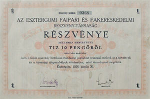 Esztergomi Faipar s Fakereskedelmi Rszvnytrsasg rszvny 10 peng 1926
