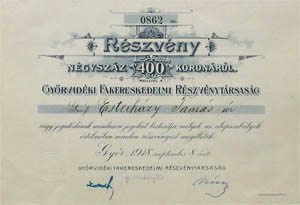 Gyrvidki Fakereskedelmi Rszvnytrsasg rszvny 400 korona 1918