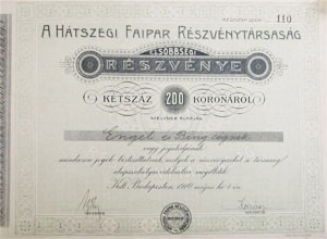 Htszegi Faipar Rszvnytrsasg rszvny 200 korona 1910