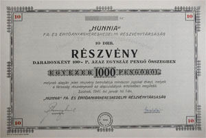 Hunnia Fa- s ptanyagkereskedelmi Rszvnytrsasg rszvny 10x100 1000 peng 1941 Szolnok