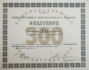 Kemnyfatermel Rszvnytrsasg rszvny 300 korona 1917