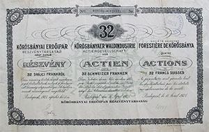 K&otilde;rösbányai Erd&otilde;ipar Részvénytársaság részvény 4x8 32 frank 1924
