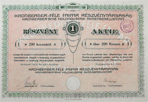 Kronberger-fle Faipar Rszvnytrsasg rszvny 200 korona 1923