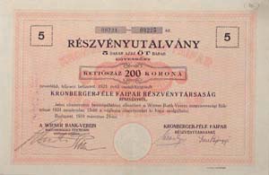 Kronberger-fle Faipar Rszvnytrsasg rszvnyutalvny 5x200 1000 korona 1924