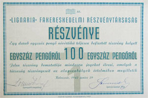 Lignaria Fakereskedelmi Rszvnytrsasg rszvny 100 peng 1942 Kolozsvr