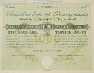 Nemzetkzi Fakiviteli Rszvnytrsasg rszvny 1000 korona 1904