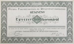 Ptria Fakereskedelmi Rszvnytrsasg rszvny 1000 korona 1916