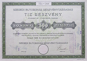 Szegedi Btorgyr Rszvnytrsasg rszvny 500 peng 1926