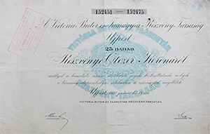Victoria Bútor és Faárugyár Részvénytársaság részvény 25x200 korona 1922 Újpest