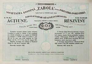 Zabolai Faipari Rszvnytrsasg rszvny 200 lei 1922