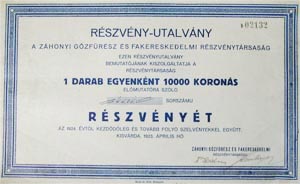 Zhonyi Gzfrsz s Fakereskedelmi Rszvnytrsasg rszvny-utalvny 10000 korona 1923 Kisvrda