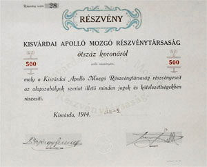 Kisvárdai Apolló Mozgó Részvénytársaság 500 korona 1914