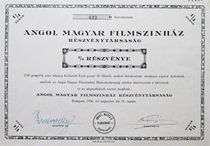 Angol Magyar Filmszínház Részvénytársaság 1/4 részvény 1936