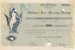 Belvárosi Mozi Részvénytársaság részvény 1000 korona 1919 Szeged