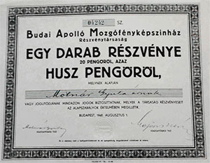Budai Apolló Mozgófényképszínház Részvénytársaság részvény 20 pengő 1941