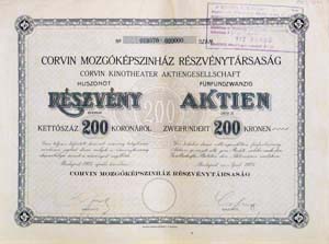 Corvin Mozgóképszínház Részvénytársaság részvény 25x200 5000 korona 1923