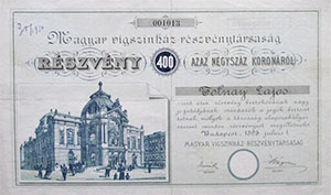 Magyar Vígszínház Részvénytársaság részvény 400 korona 1895