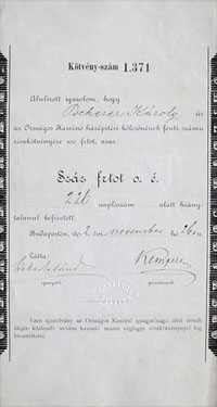 Országos Kaszinó kötvény igazolás 100 forint 1892