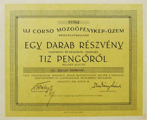 Uj Corso Mozgófénykép-üzem Részvénytársaság részvény 10 pengő 1936