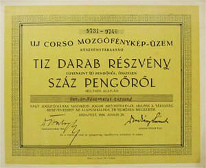 Uj Corso Mozgófénykép-üzem Részvénytársaság részvény 10x10 pengő 1936