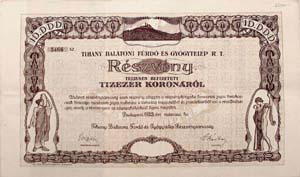 Tihany Balatoni Frd- s Gygytelep Rszvnytrsasg rszvny 10000 korona 1923