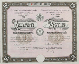 Magyar Ruggyantaárugyár Részvénytársaság részvény 10x20 pengő 1926
