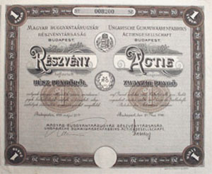 Magyar Ruggyantaárugyár Részvénytársaság részvény 20 pengő 1926