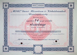 Mone Orvosi Műszerüzem és Kórházberendező Részvénytársaság részvény 25x14 pengő 1941