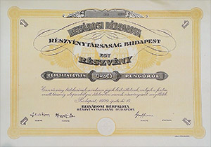 Belvárosi Bérpalota Részvénytársaság részvény 140 pengő 1929