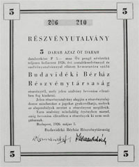 Budavidéki Bérház Részvénytársaság részvényutalvány 25 pengő 1926