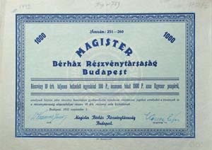 Magister Bérház Részvénytársaság részvény 10x100 1000 pengő 1932