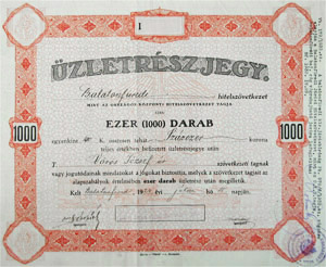 Balatonfüredi Hitelszövetkezet üzletrészjegy 1000x100 korona 1924 Balatonfüred